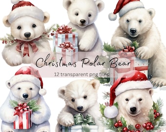 Paquete de imágenes prediseñadas de acuarela de oso polar de Navidad, PNG transparente, imágenes prediseñadas de animales lindos, sublimación, arte de papel, diario basura Scrapbooking