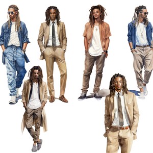 May include: Watercolor illustration of six men in various outfits. The men are wearing casual and formal attire, including suits, jackets, and shirts. The color palette includes shades of blue, brown, and beige. The men have dreadlocks and are standing against a white background.