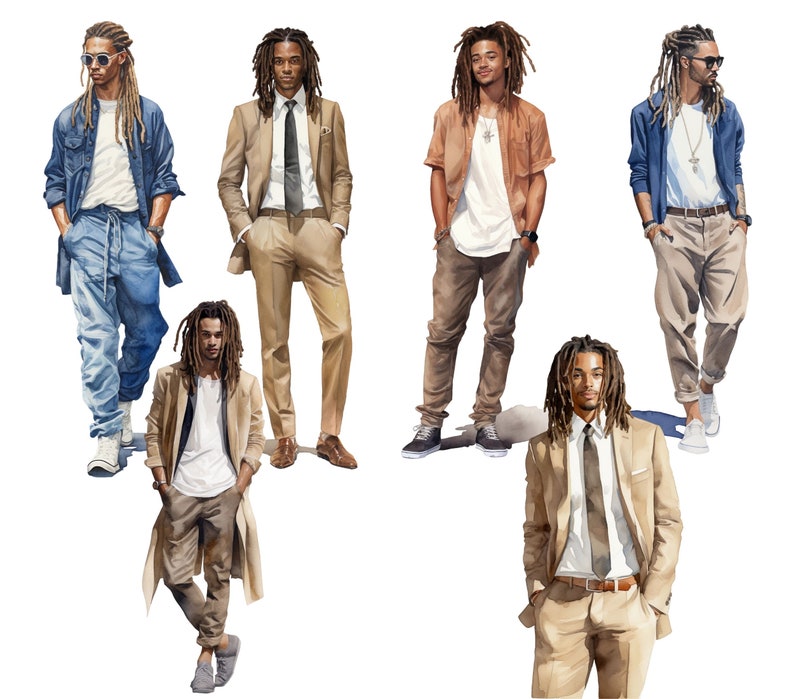 May include: Watercolor illustration of six men in various outfits. The men are wearing casual and formal attire, including suits, jackets, and shirts. The color palette includes shades of blue, brown, and beige. The men have dreadlocks and are standing against a white background.
