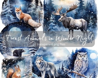 Forest Animals in Winter Night Watercolor Clipart, Transparent PNG, Digital Download, Card Making, Scrapbooking Junk Journal, Commercial Use