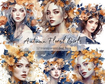 Herbst Blumen Mädchen Aquarell Clipart Bundle, transparentes PNG, digitaler Download, hübsche Mädchen Karte machen Scrapbook Junk Journal kommerzielle Nutzung