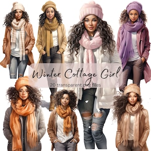 Bundle de cliparts aquarelle petite fille noire d'hiver, PNG Transparent, téléchargement numérique, fabrication de cartes de mode, Illustration de modèle, usage commercial