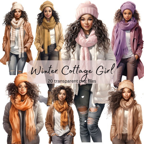 Winter Cottage Black Girl Watercolor Clipart Bundle, Transparent PNG, Digital Download,Fashion Card Making,Model Illustration,Commercial Use