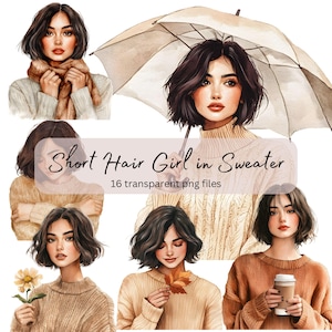 Paquete de imágenes prediseñadas de acuarela de chica de pelo corto con suéter beige, PNG transparente, descarga digital, creación de tarjetas, mujer hermosa, otoño acogedor