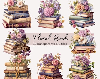 Floral Books Watercolor Clipart Bundle, Transparent PNG, Digital Download, Home Decoration Card Making, Junk Journaling, Commercial Use