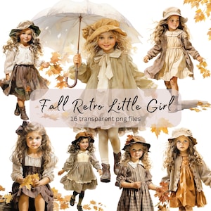 Herbst Retro kleines Mädchen Aquarell Clipart Bundle, transparentes PNG, digitaler Download, Porträt Kartenherstellung, niedliche Illustration, kommerzielle Nutzung