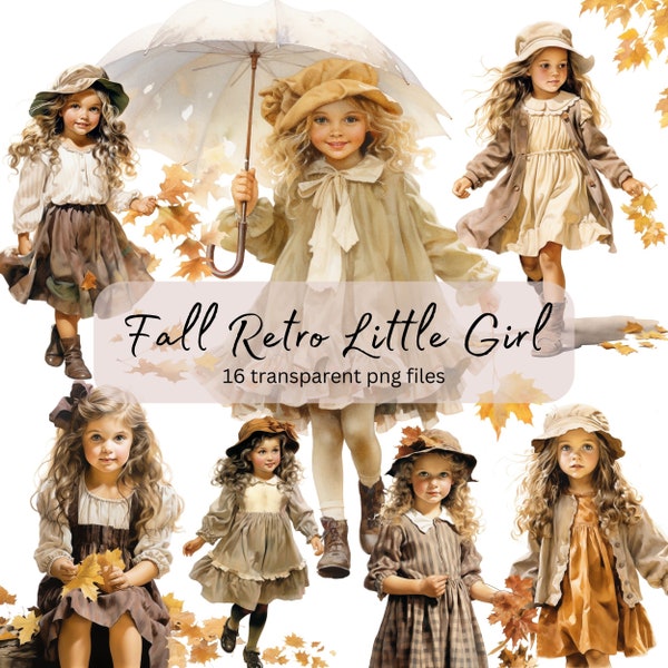 Automne Rétro Petite Fille Aquarelle Clipart Bundle, PNG Transparent, Téléchargement Numérique, Fabrication de Cartes Portrait, Illustration Mignonne, Utilisation Commerciale