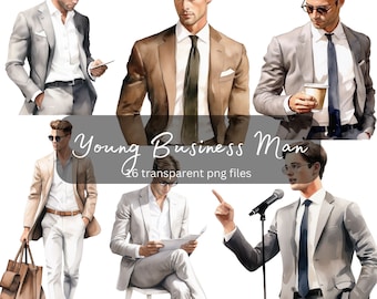 Young Business Man Watercolor Clipart Bundle, Transparent PNG, Digital Download, Fashion Card Making Scrapbook Junk Journal Commercial Use