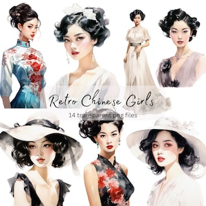 Paquete de imágenes prediseñadas de niña china retro, PNG transparente, descarga digital, mujer que hace tarjetas, ilustración de imágenes prediseñadas de moda vintage, uso comercial