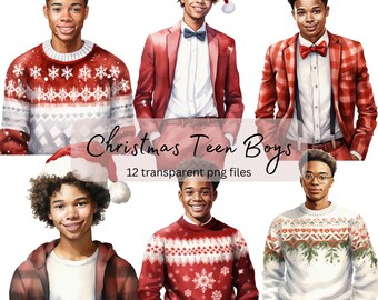 Christmas Teenage Boys Watercolor Clipart Bundle, transparent PNG, Holiday People Clipart,Sublimation, Paper craft,Junk Journal Scrapbooking
