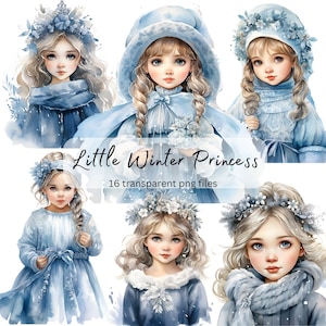 Little Winter Princess Watercolor Clipart Bundle, transparent PNG, Cut Girl Fantasy, Paper craft, Junk Journal Scrapbooking, Card Making