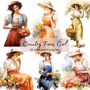 Pacote de clipart aquarela country farm girls, PNG transparente, download digital, criação de cartão de pessoas, álbum de recortes, uso comercial