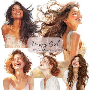 May include: A digital illustration of four women with long brown hair smiling. The women are wearing different outfits and are set against a white background. The text "Happy Girl 12 transparent png files" is at the bottom of the image.