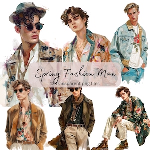 Spring Fashion Men Aquarelle Clipart Bundle, PNG transparent, Téléchargement numérique, Fabrication de cartes de mode, Illustration de modèle, Utilisation commerciale