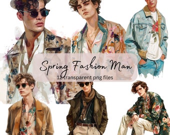 Spring Fashion Men Watercolor Clipart Bundle, Transparent PNG, Digital Download, Fashion Card Making, Model Illustration, Commercial Use