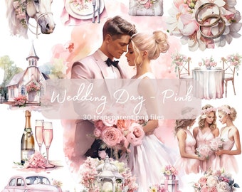 Pink Wedding Day Clipart Bundle Watercolor, Transparent PNG, Bride Groom Clipart, Digital Download, Scrapbooking Junk Journal,Commercial Use