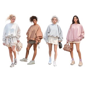 May include: Four women wearing different colored sweatshirts and shorts. The women are standing in a row, facing the camera. They are all wearing casual clothing and have their hair styled in different ways.