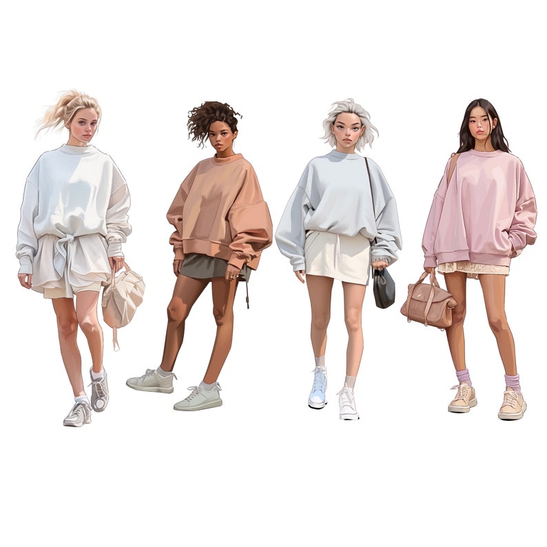 May include: Four women wearing different colored sweatshirts and shorts. The women are standing in a row, facing the camera. They are all wearing casual clothing and have their hair styled in different ways.