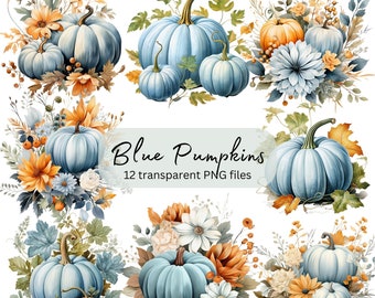 Blue Pumpkins Watercolor Clipart Bundle, Transparent PNG, Digital Download, Home Decoration Card Making, Junk Journaling, Commercial Use
