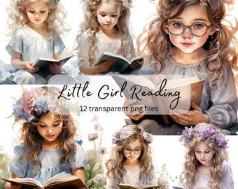 Little Girl Reading Watercolor Clipart Bundle, transparent PNG, studying Clipart, Book Lover, Student Paper craft, Junk Journal Scrapbooking