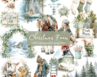 Christmas Tree Farm, Winter Cozy Holiday Watercolor Clipart Bundle, Transparent PNG, Digital Download, Card Making Scrapbooking, Cottagecore