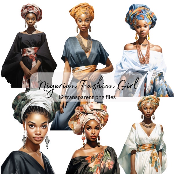 Nigerian Fashion Girl Clipart Bundle, Transparent PNG,Digital Download,Card Making Black Woman,Lady boss Fashion Illustration,Commercial Use