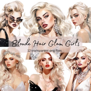 Capelli biondi Glam Girl Watercolor Clipart Bundle, PNG trasparente, Download digitale, Card Making Woman, Illustrazione di moda, Uso commerciale