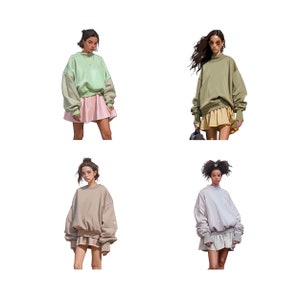 May include: Four women wearing different colored sweatshirts and skirts. The sweatshirts are all long-sleeved and have a crew neck. The skirts are all mini skirts and are different colors. The women are all standing in front of a white background.