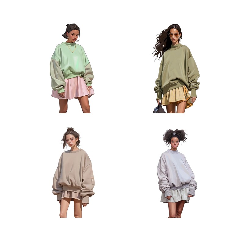 May include: Four women wearing different colored sweatshirts and skirts. The sweatshirts are all long-sleeved and have a crew neck. The skirts are all mini skirts and are different colors. The women are all standing in front of a white background.