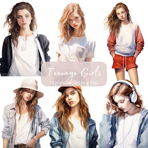 Teenage Girl Aquarel Clipart Bundel, Transparante PNG, Portret clipart, Digitale Download, Card Making Scrapbook Junk Journal Commercieel Gebruik