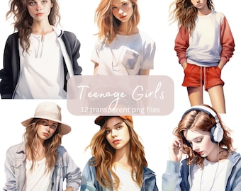 Teenage Girl Watercolor Clipart Bundle, Transparent PNG, Portrait clipart,Digital Download,Card Making Scrapbook Junk Journal Commercial Use