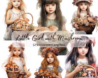 Kleines Mädchen mit Pilz Aquarell Clipart Bundle, transparentes PNG, digitaler Download, Kartenherstellung, Regentag Illustration, kommerzielle Nutzung