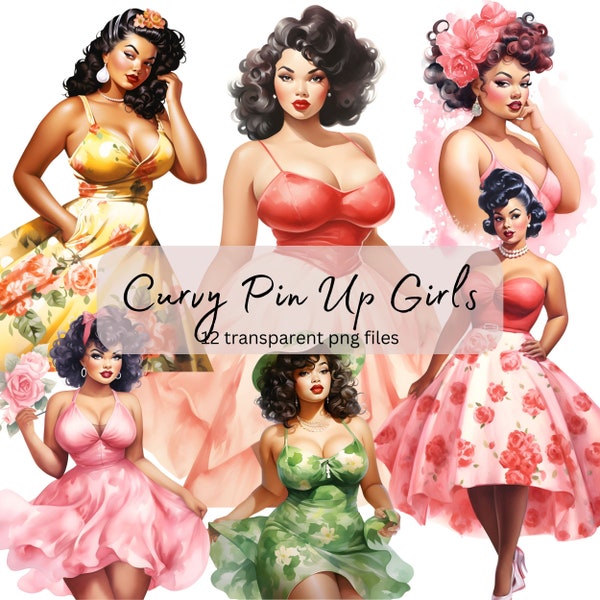 Curvy Pin Up Black Girls Watercolor Clipart Bundle, transparent PNG,Pretty girl vintage,Paper craft,Junk Journal Scrapbooking,Commercial Use