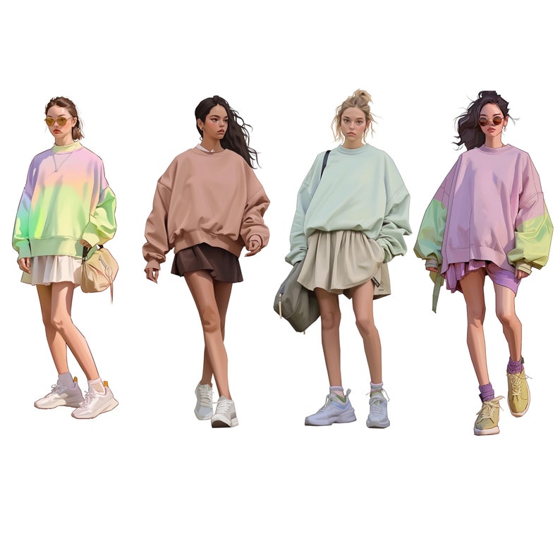 May include: Four women wearing different colored sweatshirts and skirts. The women are standing in a row, facing forward. The sweatshirts are all long-sleeved and have a casual look. The skirts are all short and flowy. The women are all wearing sneakers.