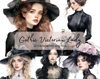 May include: A set of 12 digital illustrations featuring women in Victorian-era clothing with a gothic aesthetic. The women are wearing black dresses, hats, and accessories. The illustrations are in a watercolor style and have a vintage feel.