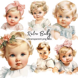 Retro Baby Aquarel Clipart Bundel, Transparante PNG, Digitale Download, Schattige Baby Clipart, Card Making Scrapbook Junk Journal, Commercieel Gebruik