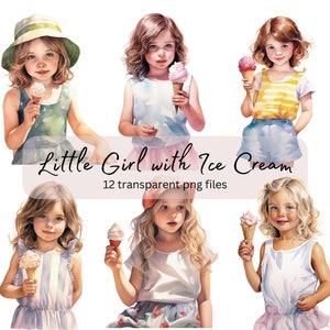 Little Girl Ice Cream Watercolor Clipart Bundle, transparent PNG, Cute Girls Clipart, Sublimation, Paper craft, Junk Journal Scrapbooking