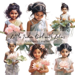 Little India Girl Lotus Aquarell Clipart, transparentes PNG, digitaler Download, Card Making, süßes Mädchen Clipart Illustration, kommerzielle Nutzung