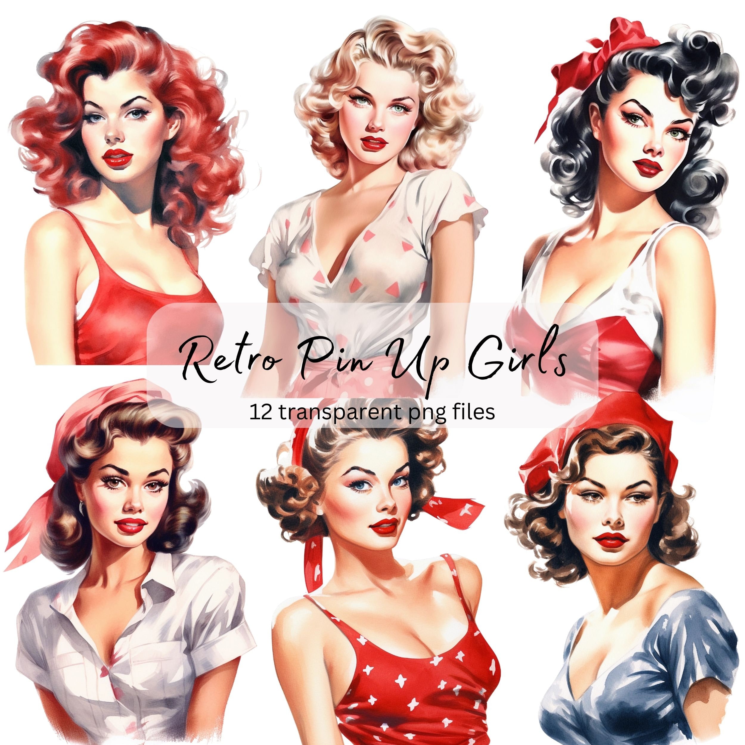 Retro Pin up Girls Watercolor Clipart Bundle, Transparent PNG