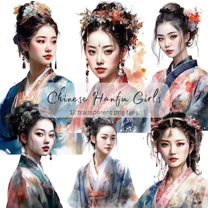 Chinese Hanfu Girls Clipart, transparent PNG, Pretty Girls Clipart, Fantasy illustration, Paper craft, Junk Journal Scrapbooking,Card Making