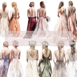 Bride and Maid of Honor Back Watercolor Clipart Bundle,Junk Journal Wedding Clipart, PNG, Romantic clipart, Digital Download, Commercial Use