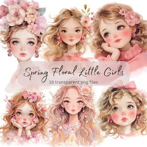 Spring Little Floral Girl Watercolor Clipart , Transparent PNG, Digital Download, Card Making, Cute Anime girl Illustration, Commercial Use