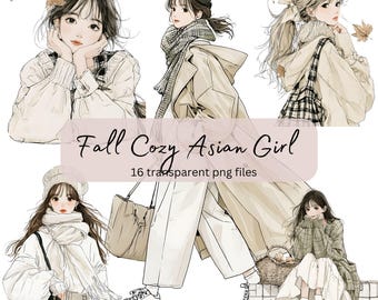 Fall Cozy Asian Girls Clipart Bundle, Transparent PNG, Digital Download, Card Making Beautiful Woman Lady, Asian Model Illustration