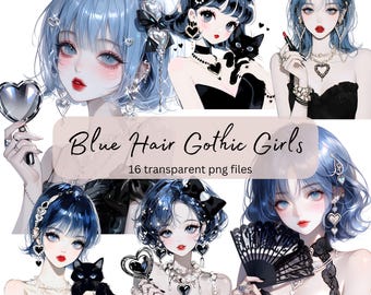 Cliparts von Anime-Mädchen mit blauen Haaren im Gothic-Stil, transparentes PNG, Porträts hübscher Mädchen, digitale Sticker, Papierbasteln, Karten, Junk Journaling, Scrapbooking