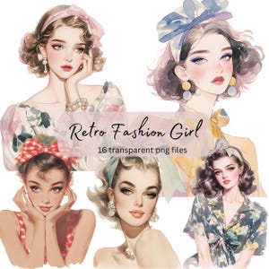 Pacchetto di clipart acquerello per ragazze di moda retrò, PNG trasparente, download digitale, donna che fa cartoline, illustrazione di moda signora, uso commerciale