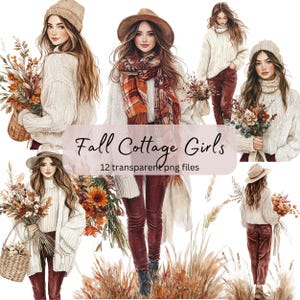 Bundle de cliparts aquarelle automne cottage filles, PNG Transparent, téléchargement numérique, fabrication de cartes, belle femme dame, automne confortable, filles bohèmes