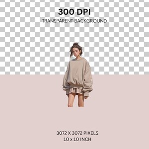 May include: A woman wearing a light brown oversized sweatshirt with a matching mini skirt. The sweatshirt has a small patch on the left sleeve. The woman has her hair pulled back in a bun.