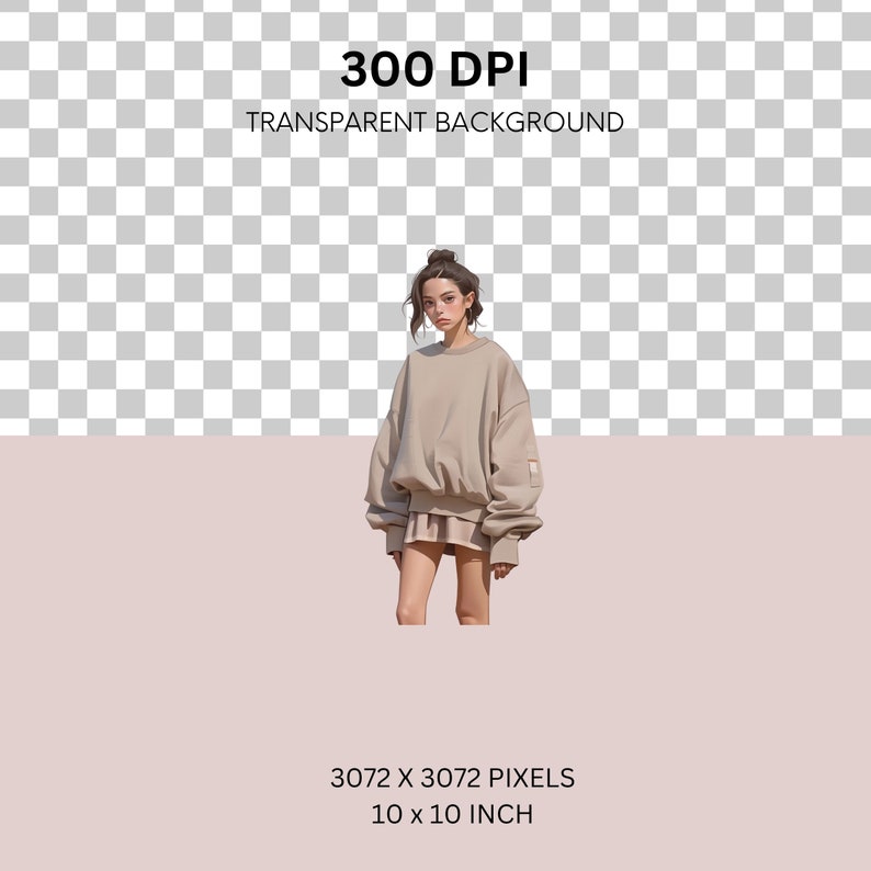 May include: A woman wearing a light brown oversized sweatshirt with a matching mini skirt. The sweatshirt has a small patch on the left sleeve. The woman has her hair pulled back in a bun.