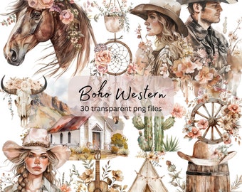 Boho Western Watercolor Clipart, Floral Cowgirl Cowboy, Wild West, Transparent PNG,Digital Download, Card Making Scrapbooking,Commercial Use
