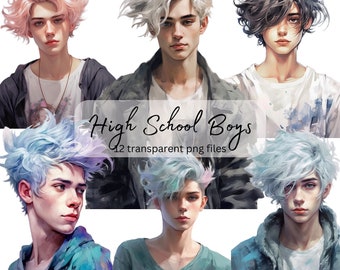 High School Junge Teenager Aquarell Clipart Bundle, transparent PNG, Porträt Clipart, digitaler Download, Card Making Scrapbook Junk Journal